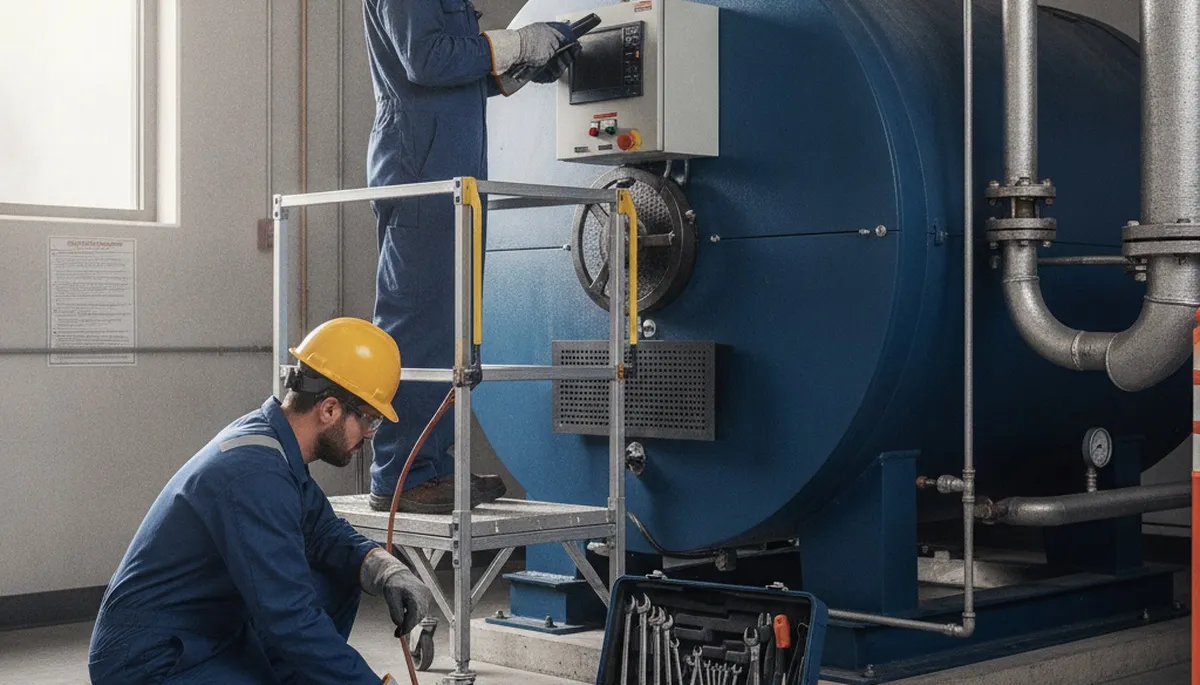 Boiler repair technician servicing a heating system in Santa Rosa, CA for a plumbing repair business