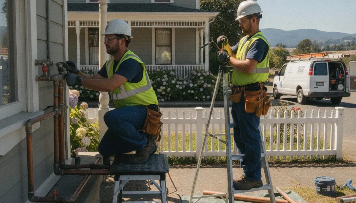 Plumbing repair technician in Santa Rosa, CA servicing pipes for a local home