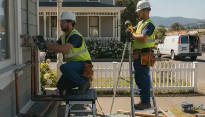 Plumbing repair technician in Santa Rosa, CA servicing pipes for a local home