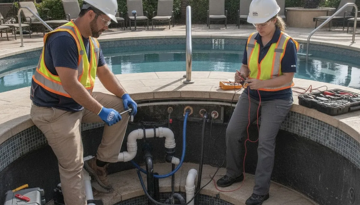 Spa repair technician servicing a Santa Rosa, CA home spa for reliable plumbing repairs